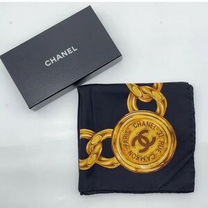 Chanel Gold Chain Link Border & CC Logo Silk Scarf